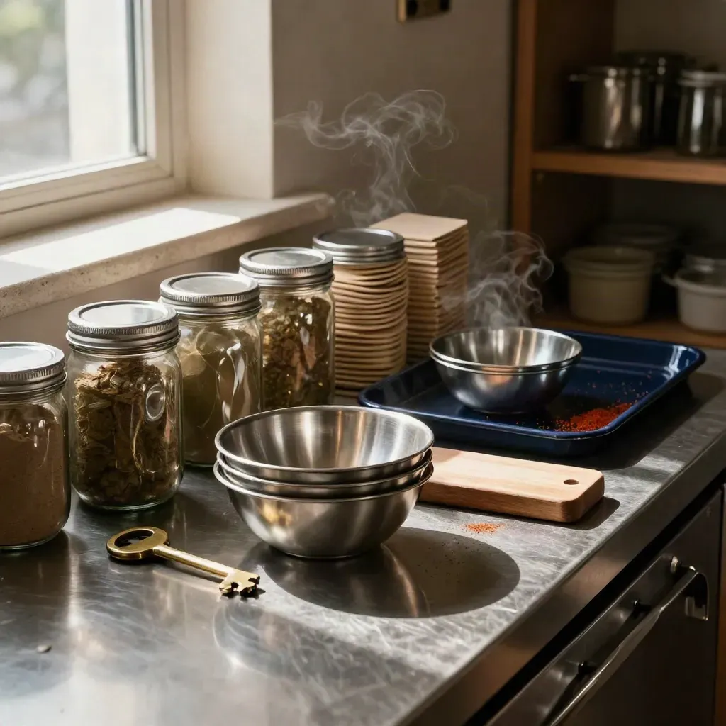Ready food-prep counter with sealed jars, cartons, bowls, a shop key, and steam in light.