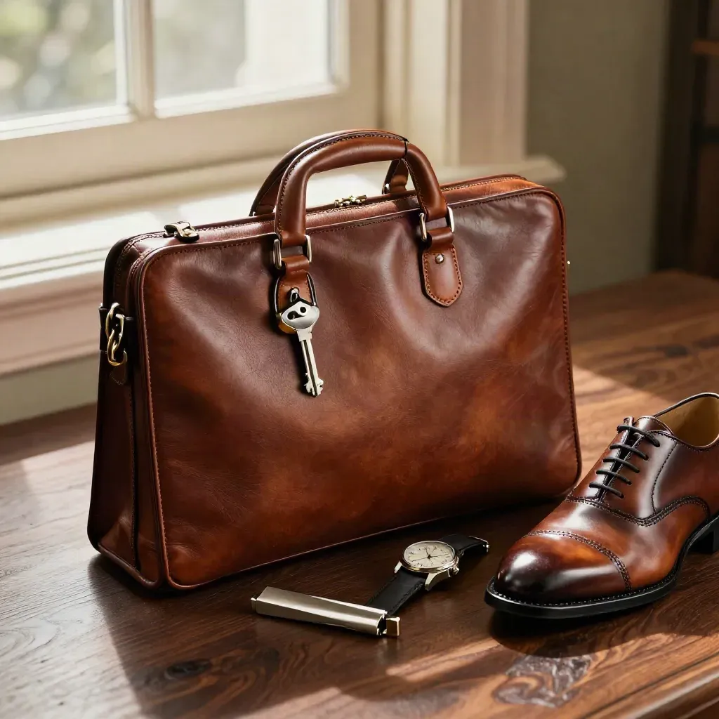 Polished interview kit with briefcase, watch, tie clip and oxford shoe on dark walnut.