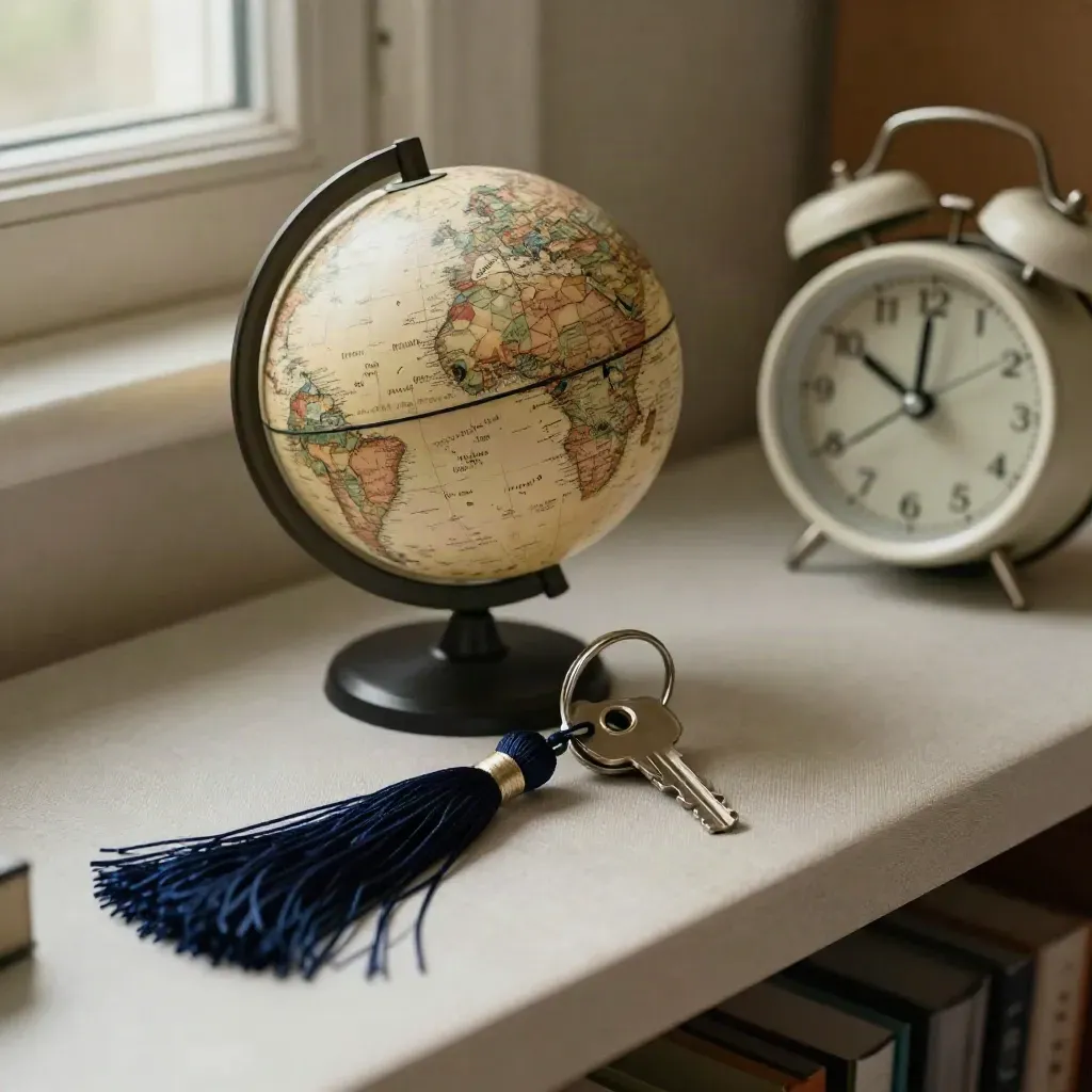 Globe, dorm key, tassel, and alarm clock on linen in soft daylight close-up.