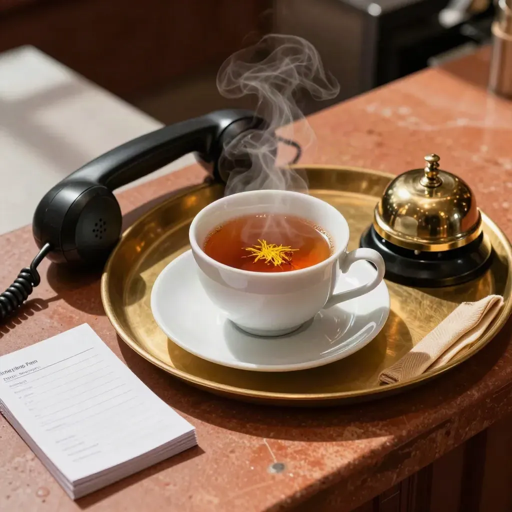 Steaming chai cup, phone handset, brass bell and face-down cards on a terracotta counter.