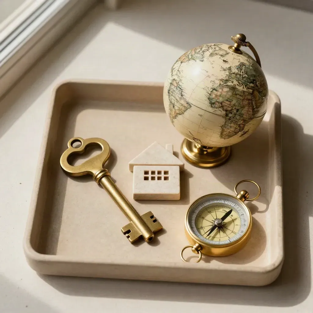 Overhead flatlay of a brass key, globe, house token, and compass on a sand tray.