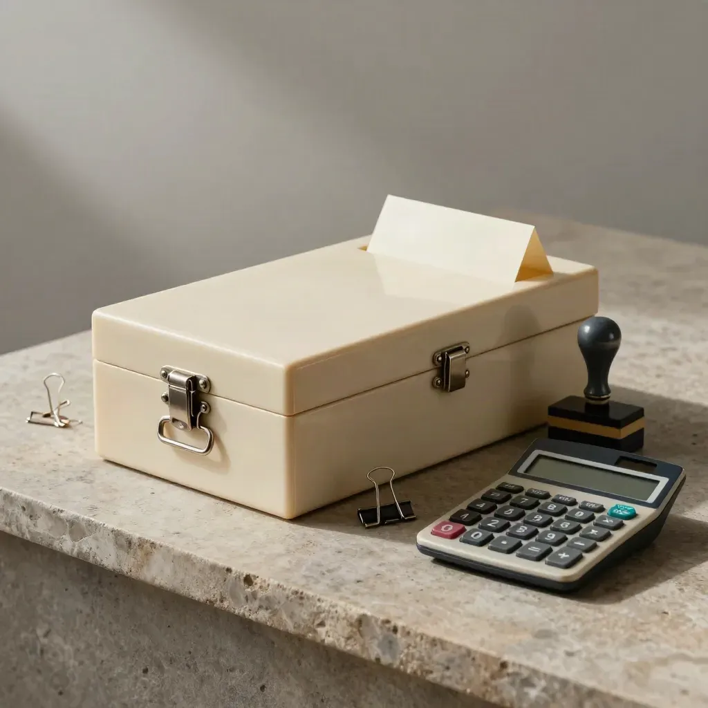 Sealed file box, clips, stamp and calculator on stone desktop with soft side light