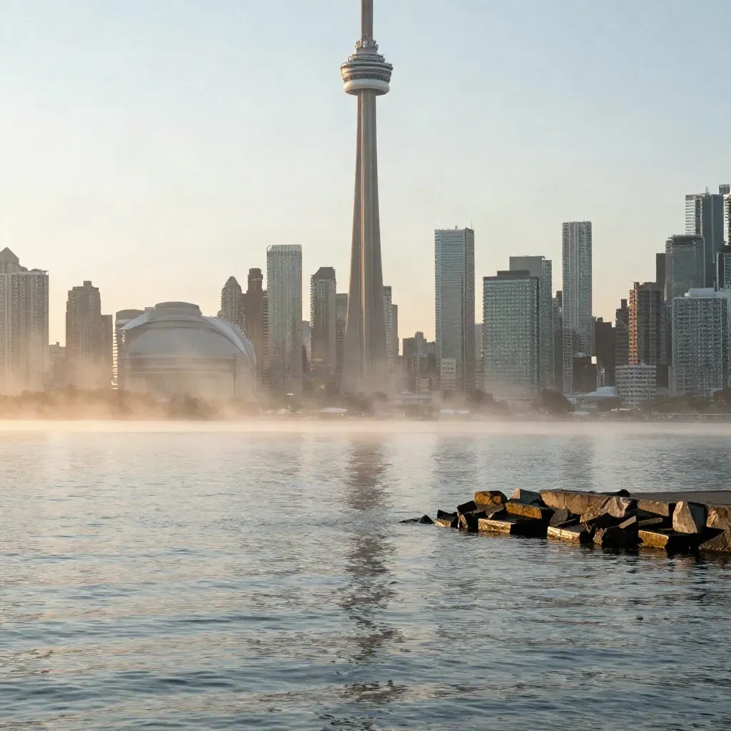 Toronto skyline and CN Tower above Lake Ontario at sunrise, calm water and mist.