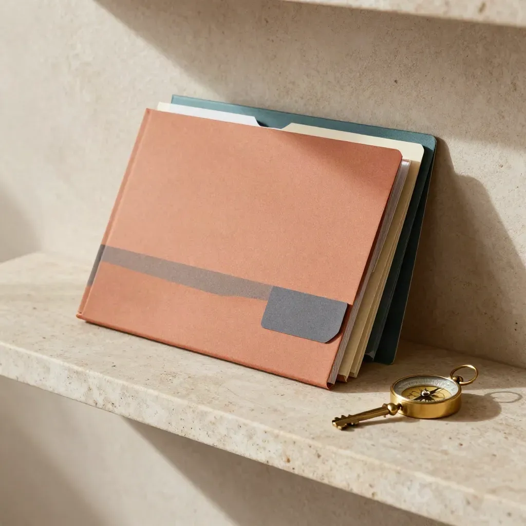 Folders, house key, and brass compass arranged on a stone shelf in soft daylight.