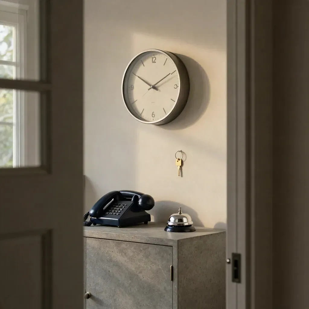 Wall clock, phone handset, key ring and service bell on a pale sideboard in soft light.