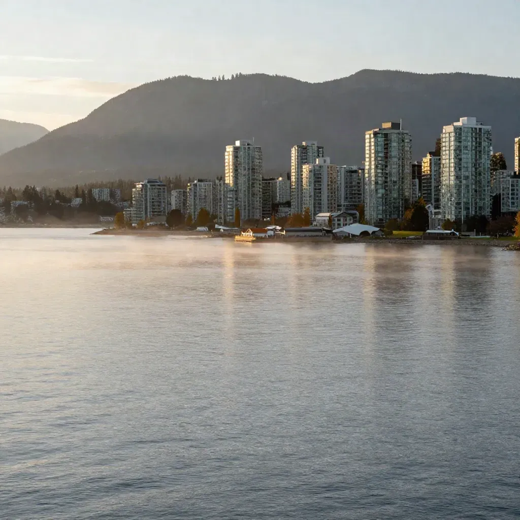 Golden-hour Vancouver harbour with misty water, distant city strip, and coastal mountains.
