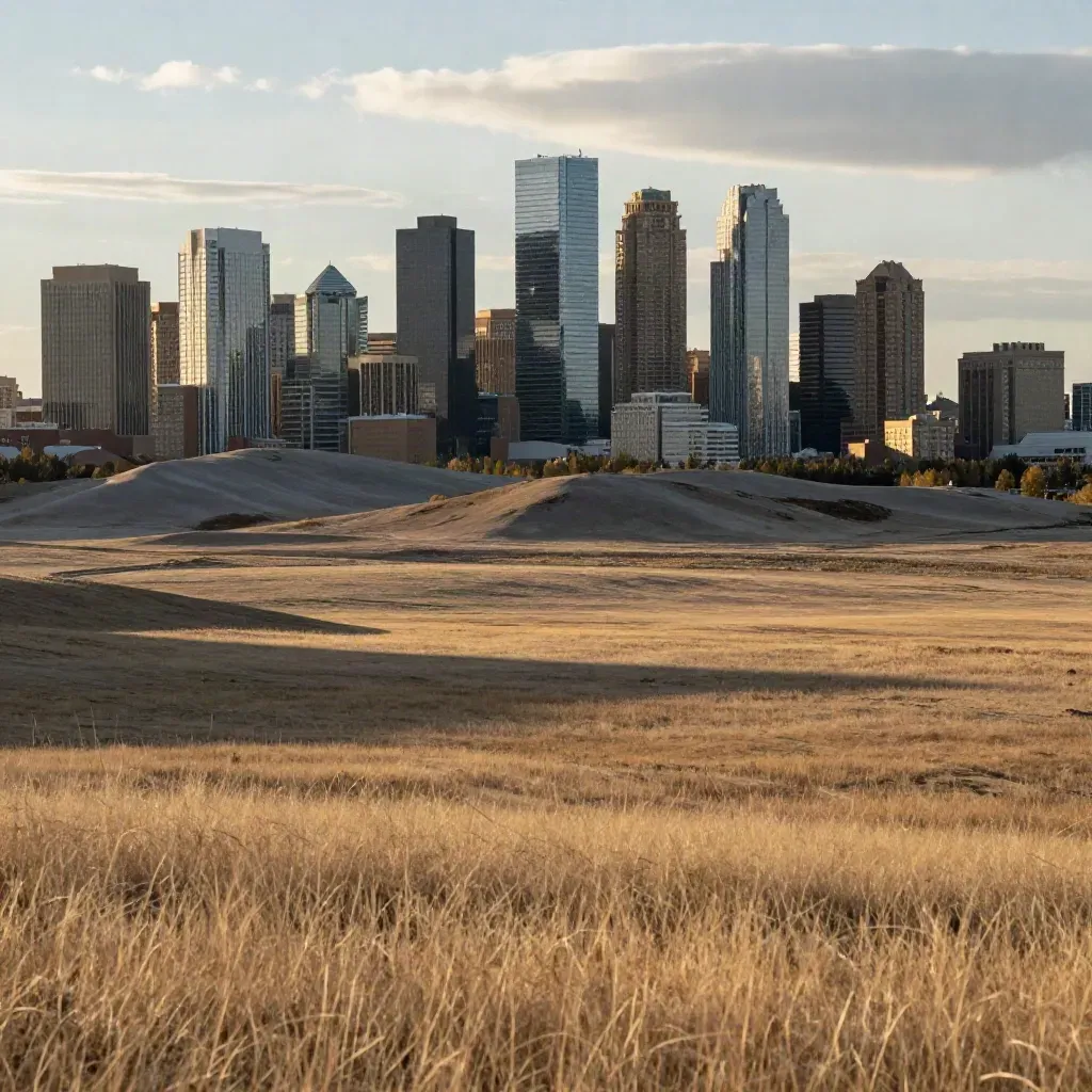 Calgary skyline above hazy prairie and foothills at late-day light