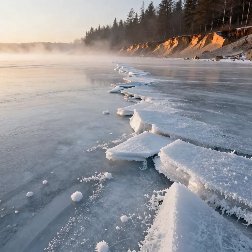 Misty Canadian winter shoreline with pale ice, distant spruce treeline, and soft saffron dawn light
