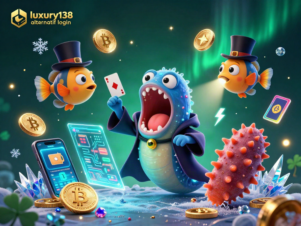 Gulper eel dengan tuxedo menyajikan kartu dalam pertunjukan "luxury138 alternatif login" kasino digital yang cerah.