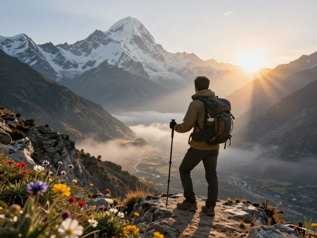 Manaslu Circuit Trek traveler enjoying sunrise views of majestic peaks during an adventurous hike.