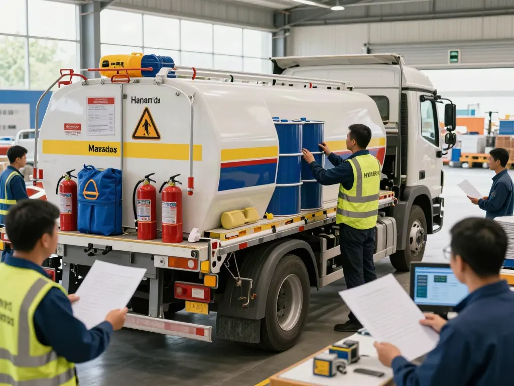 Gefahrgut Transport mit einem Fahrer, der sicherheitsrelevante Ausrüstung überprüft.