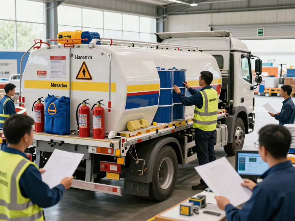 Gefahrgut Transport mit einem Fahrer, der sicherheitsrelevante Ausrüstung überprüft.