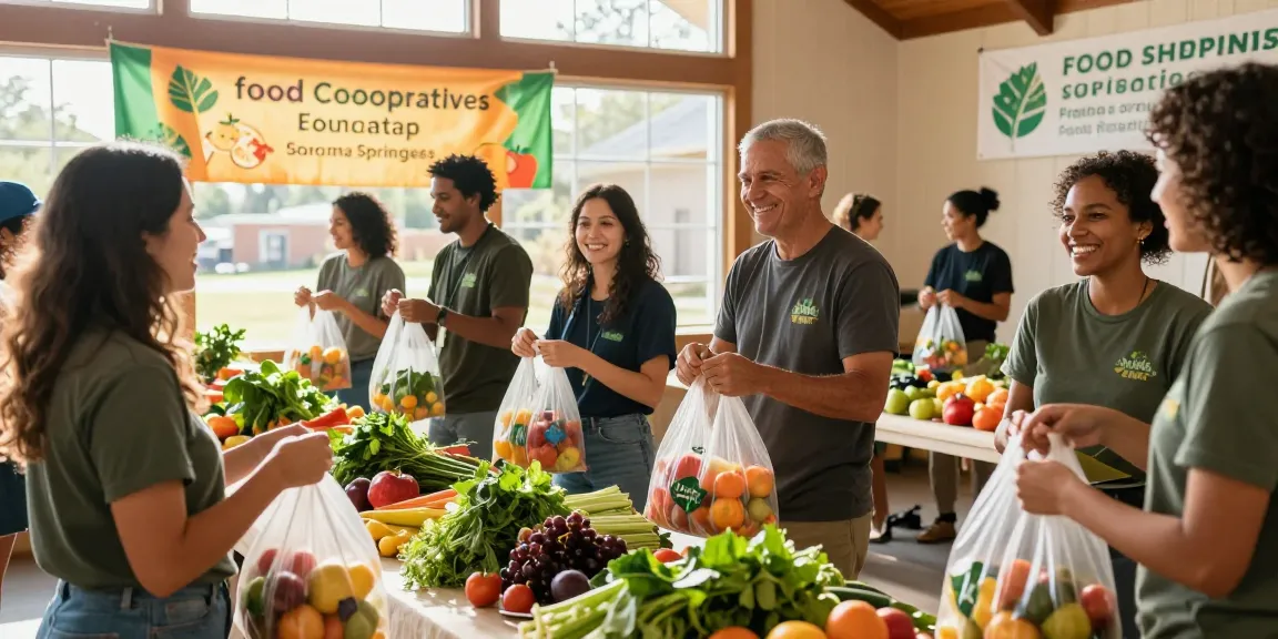 Engaging community event at springshall.org with volunteers distributing fresh organic produce, highlighting local food cooperatives.