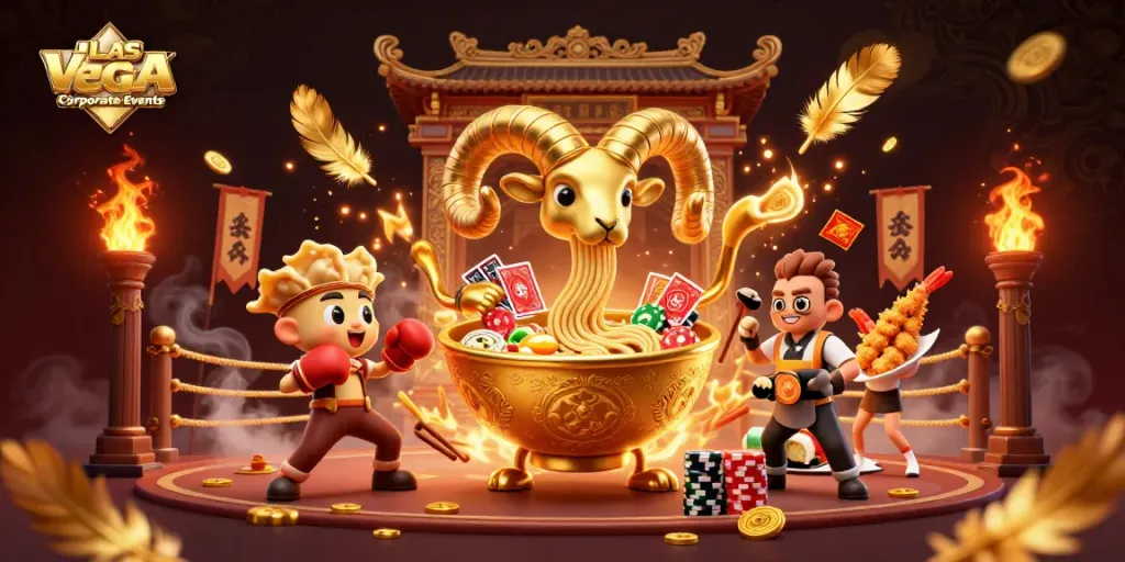 Experience thrilling Las Vegas Corporate Events with dynamic 3D casino-themed characters and elements.