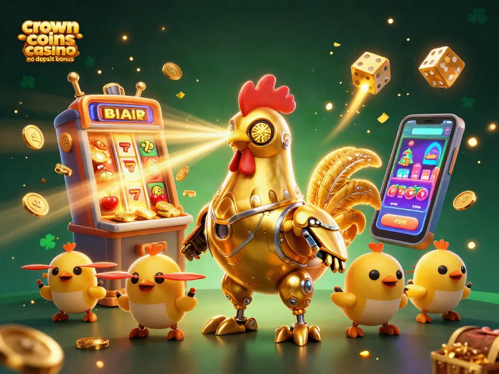 Claim your crown coins casino no deposit bonus with a vibrant, dynamic casino scene featuring exciting game elements and colorful characters.