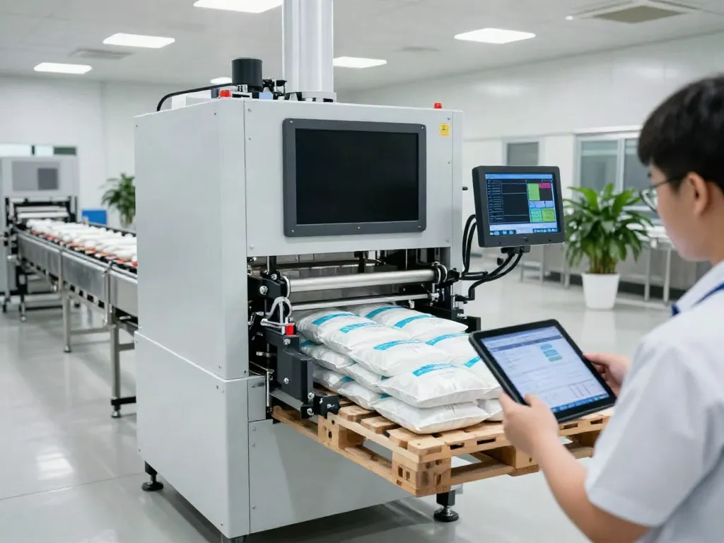 Efficient automatic bag palletizer machine stacking bags in a modern production facility, showcasing advanced technology and real-time monitoring.