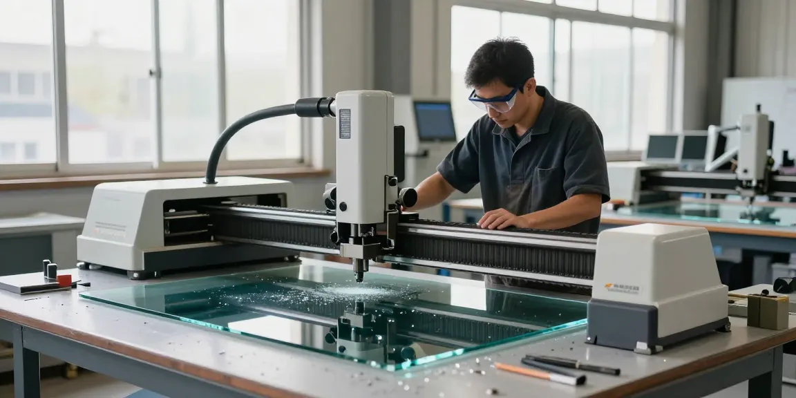 Glass cutting machine supplier showcased by technician operating modern cutting equipment in an industrial workshop.