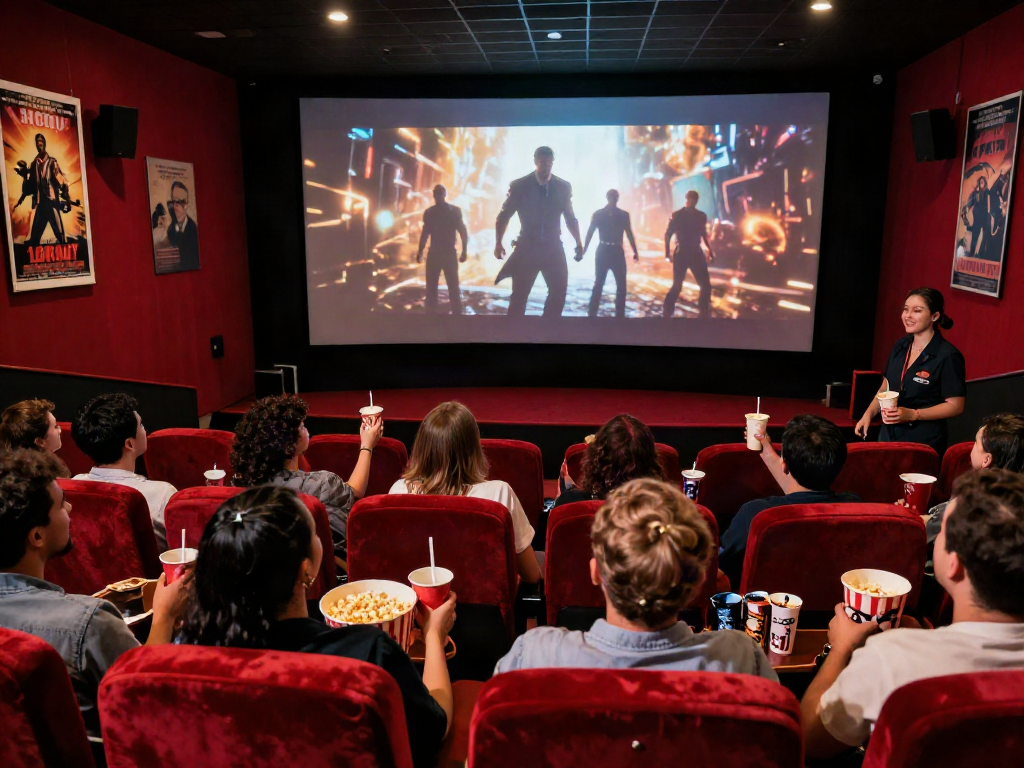 Audience enjoying a film at Moviebox cinema with popcorn and drinks in a vibrant theater