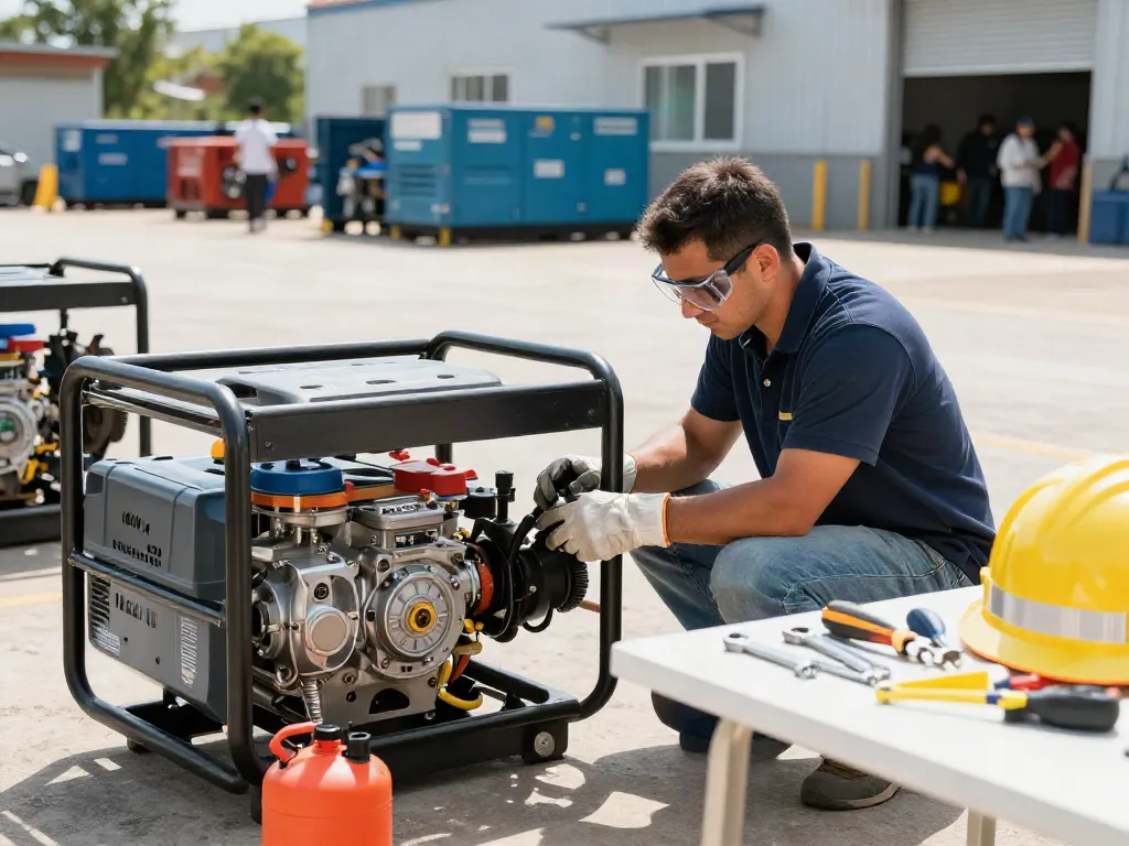 Revisión de plantas eléctricas en Venezuela por un técnico profesional, asegurando conexiones y mantenimiento.
