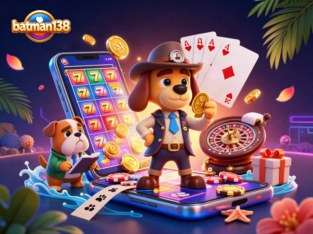 Engage with batman138's vibrant slot games through a detective's adventure in this 3D illustration.