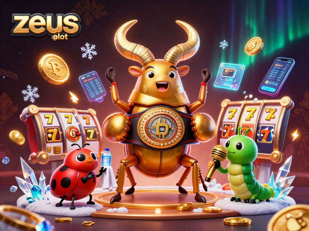 Menangkan hadiah besar dengan slot Zeus di kasino online, simbol jackpot dan koin crypto bersinar.