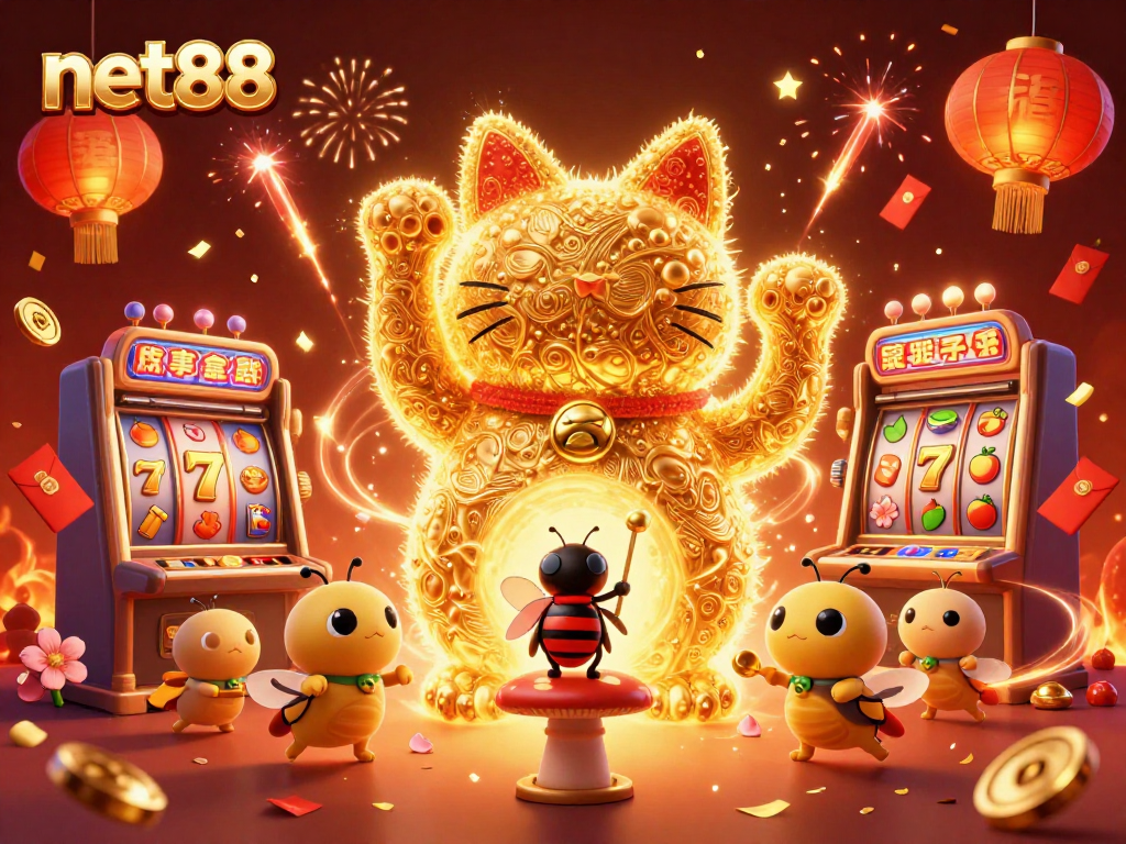 Experience net88's vibrant gaming atmosphere with golden fireflies and dynamic slot action.
