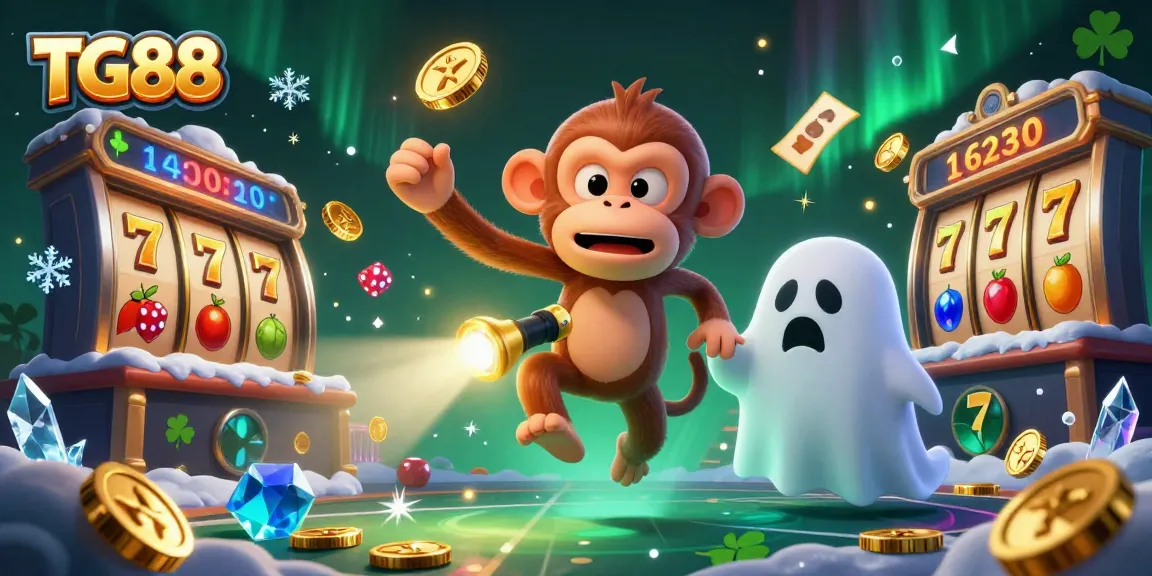 Engage in gaming excitement with TG88's thrilling haunted casino scene featuring poltergeist monkey and ghost-hunter puppy.