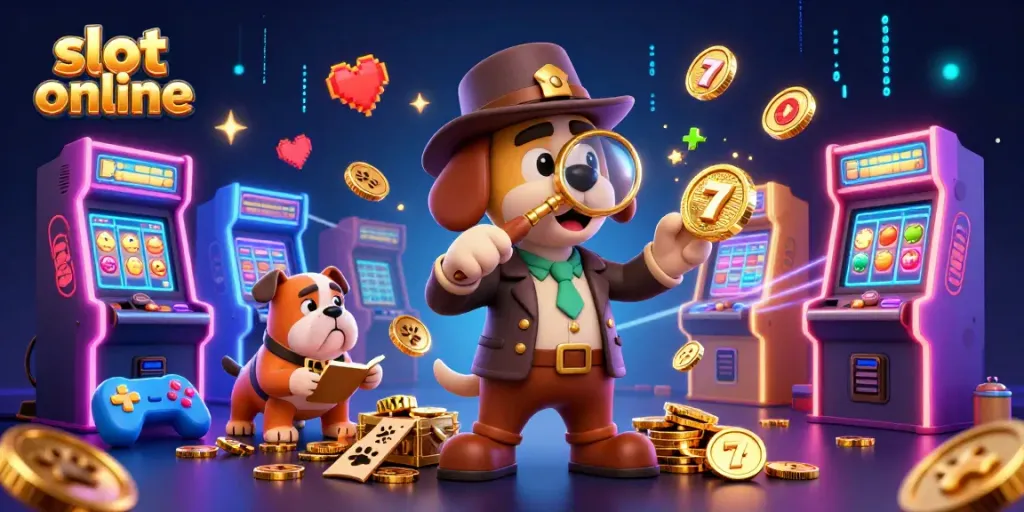 Engage with slot online excitement as a cartoon detective examines a golden reel clue amid vibrant gaming elements.