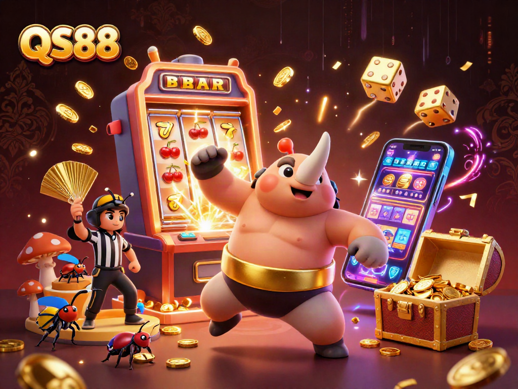 Experience the thrill of QS88 with a vibrant 3D casino scene filled with excitement and action.