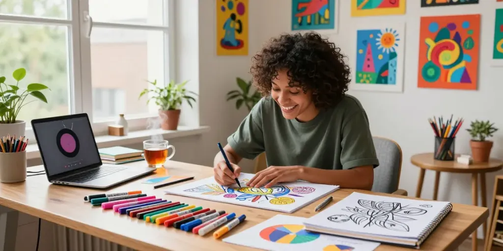 Artist using freecoloringsheets.net to color designs in a bright creative workspace.