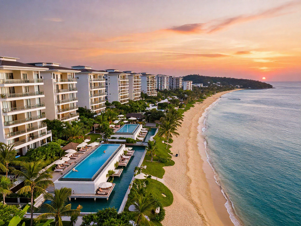 Condo walking distance to Bang Tao Beach Phuket with luxury accommodations, tropical views, and private terraces ideal for vacation rentals.