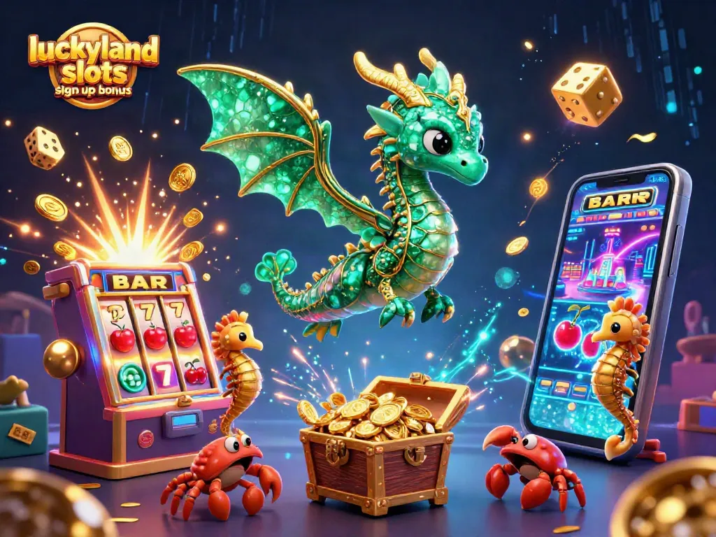 Claim your luckyland slots sign up bonus with a thrilling treasure-themed gaming scene, featuring a sea dragon and vibrant slot elements