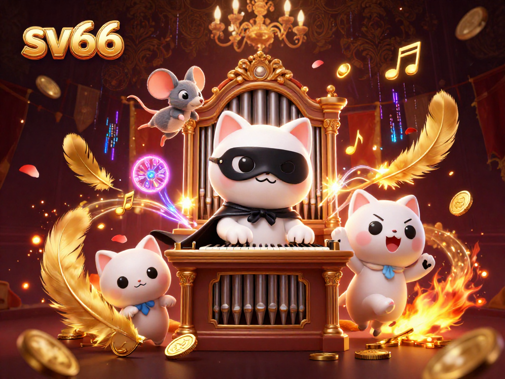 Bet on thrilling games at sv66, featuring a charismatic cat at a casino organ with dynamic elements.