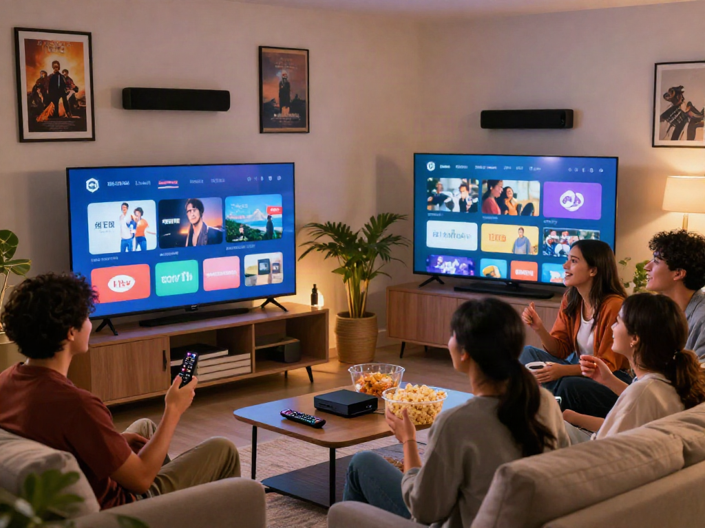 Friends enjoying a digital movie night with Pikashow on TV, cozy living room
