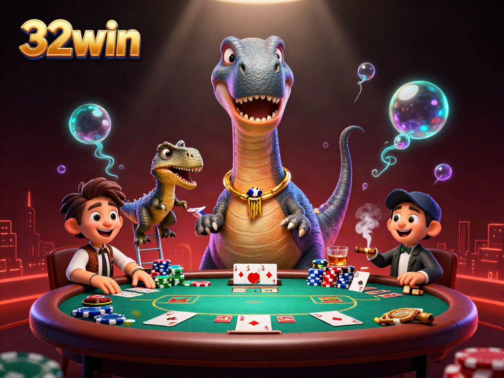 Experience thrilling card gameplay with 32win in a vibrant casino scene featuring dynamic characters.