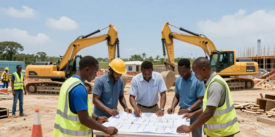 Panafrican Equipment showcased at a busy construction site with workers coordinating machinery tasks.