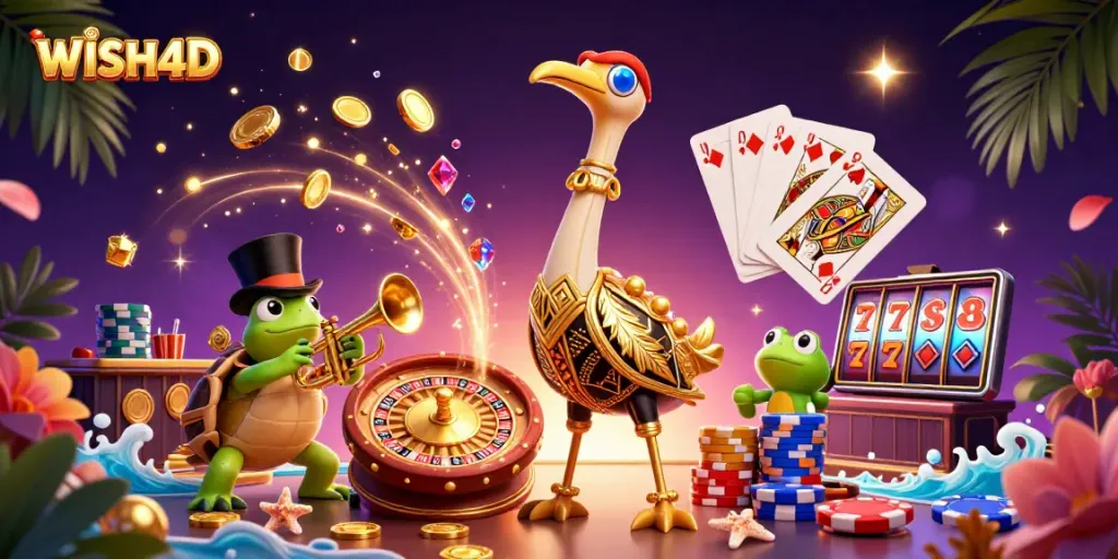 Experience WISH4D with a vibrant casino scene featuring a crane, turtle, and frog surrounded by dynamic gaming elements.