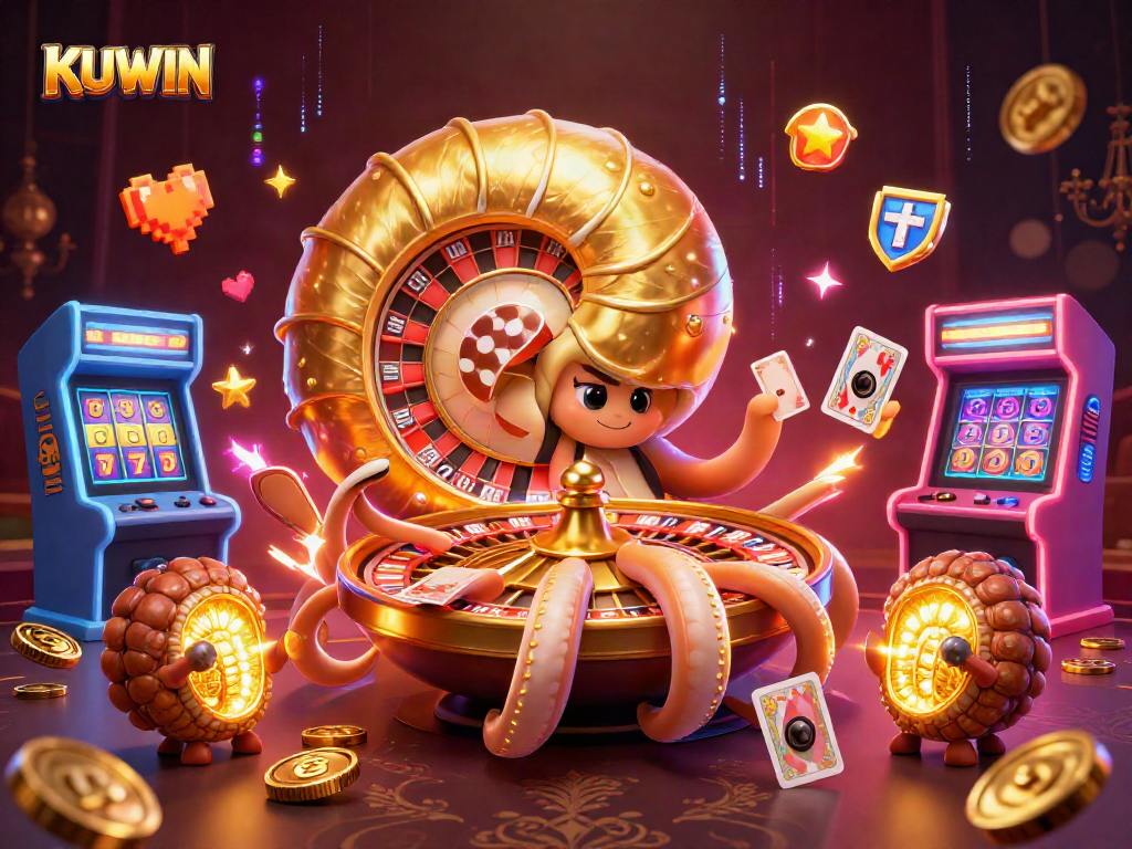 Experience thrill at KUWIN casino with a dynamic 3D illustration of games and excitement.