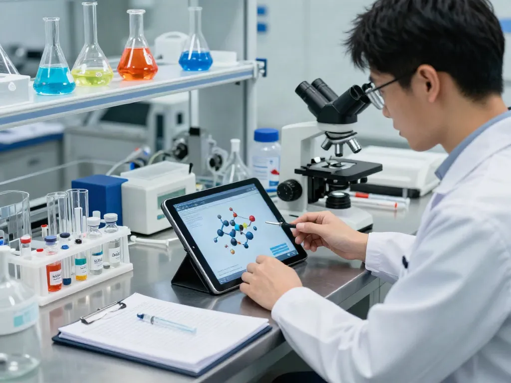 Researcher studying peptides in a modern lab for Swiss Chems.