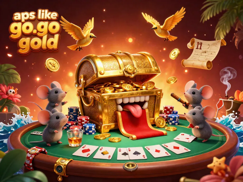 Play engaging slots with apps like go go gold in a vibrant, treasure-filled casino scene.