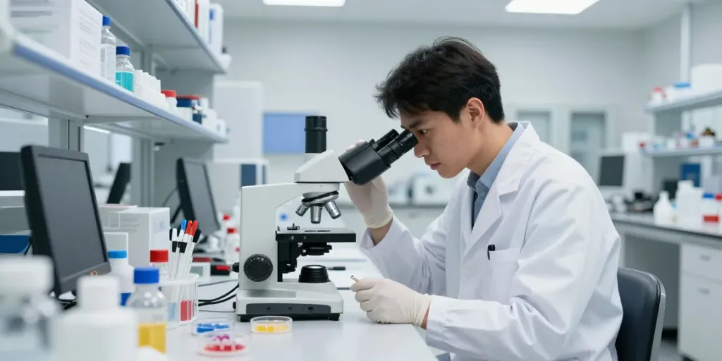 Scientist using a peptide price tool in a modern lab.
