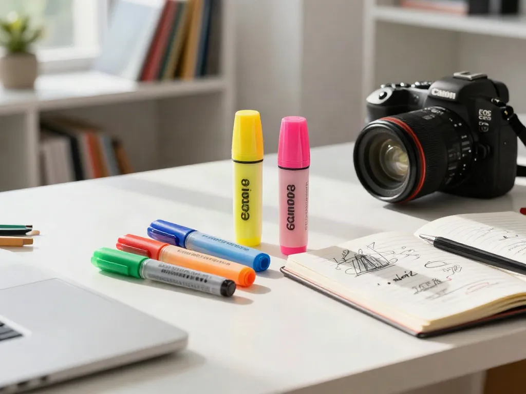 Highlighter pen supplier showcasing vibrant pens on a modern desk with notes.