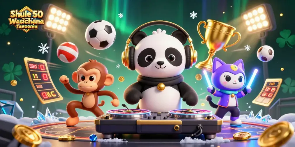 Experience excitement with "Shule 50 Bora za Wasichana Tanzania" featuring a DJ panda spinning roulette wheels amidst vibrant casino-themed characters.