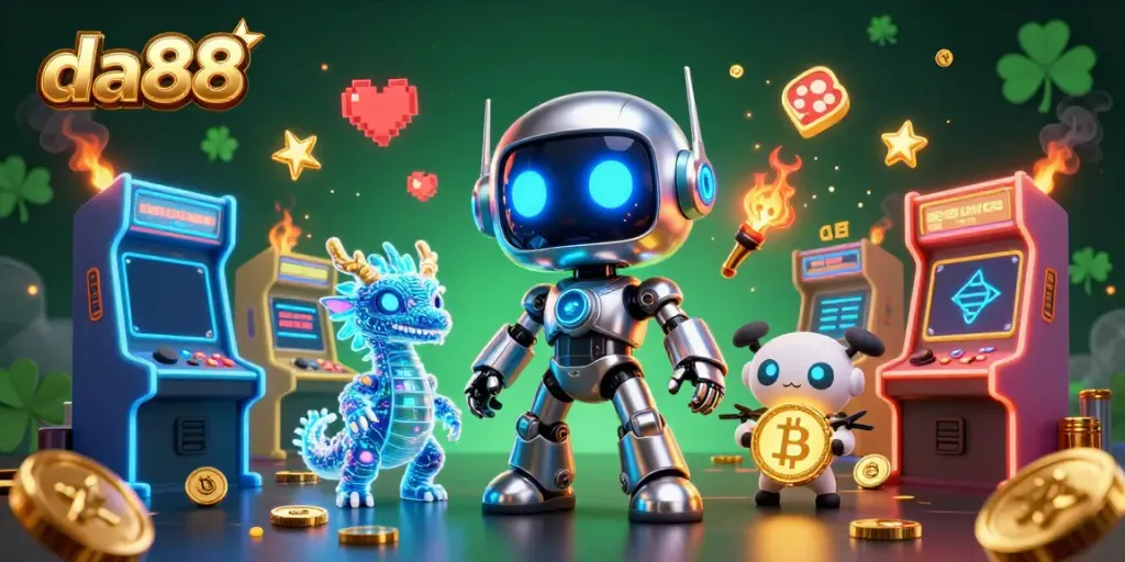 Engage with da88's thrilling gaming universe featuring vibrant robots and arcade elements.
