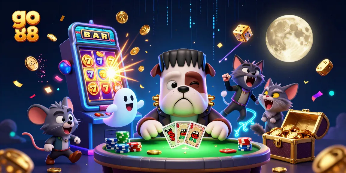 Engage in thrilling action with go 88 at a vibrant casino table featuring playful characters and festive gaming elements.