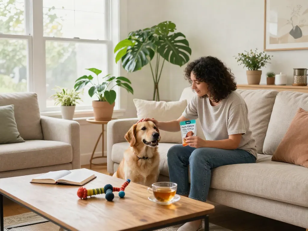 Calming Dog Treats promoting natural relaxation for pets in a cozy wellness-focused setting with an owner and dog.