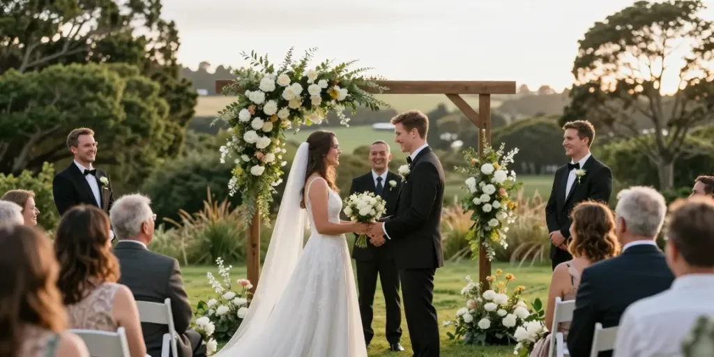 Documentary wedding photographer in Dunedin capturing couple exchanging vows during sunset surrounded by greenery.