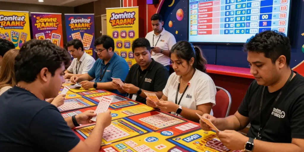 Ratutogel menampilkan suasana lotere yang meriah dengan pemain memeriksa tiket di booth.