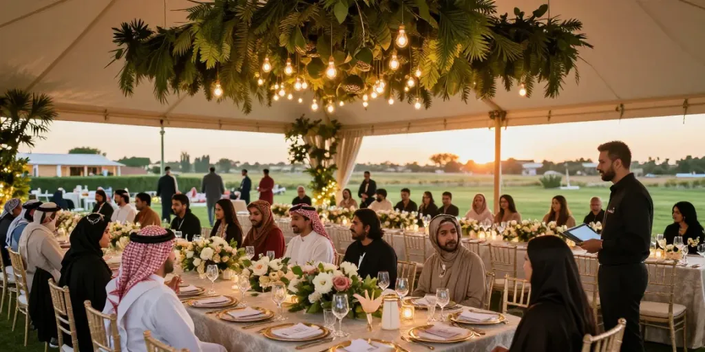 Event rental KSA showcasing elegant outdoor setup with premium tent and décor