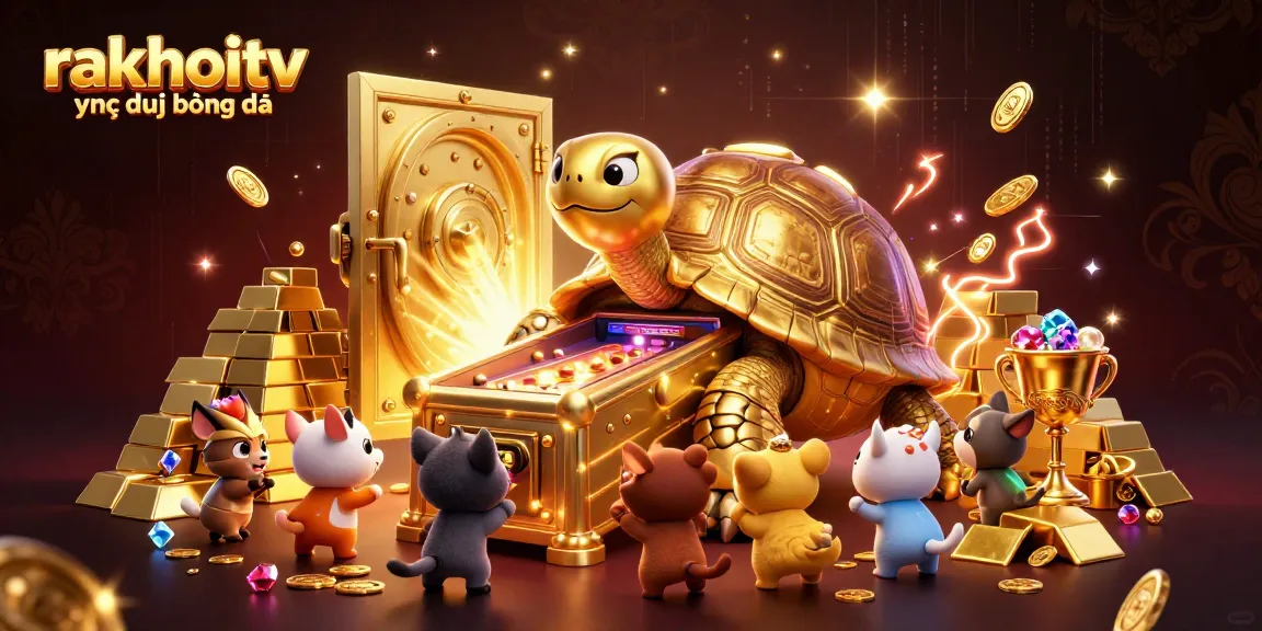 Experience rakhoitv trực tiếp bóng đá in a vibrant, 3D illustration featuring a lively golden tortoise and exciting treasures.
